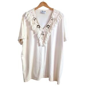 Joanie W. Vintage Southwestern Ivory White Concho Fringe Women’s Oversized Top